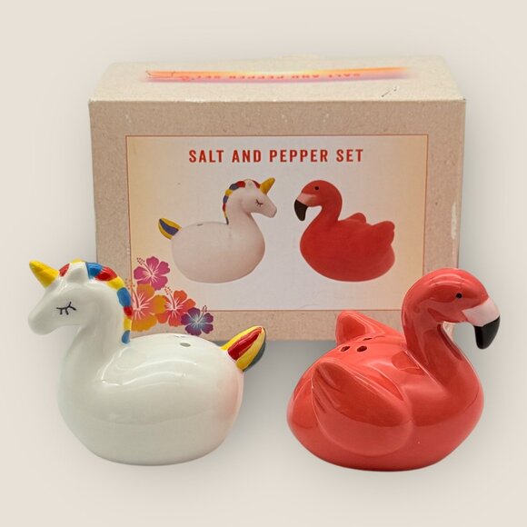 New Unicorn & Flamingo Floaties Ceramic Salt & Pepper Shaker Set Cracker Barrel - Picture 4 of 5
